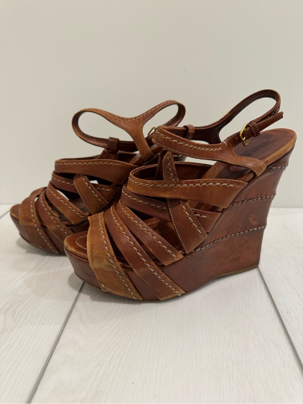 Miu Miu Leather Strappy Wedge Sandals - Brown 38 1/2